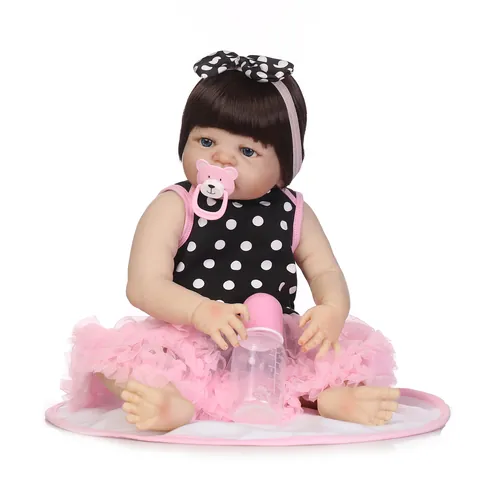 Realistic Full Silicone Reborn Baby Doll Girl With Polka Dot Dress Pink Tutu Brown Hair Blue Eyes Simulation Infant Toy Gift