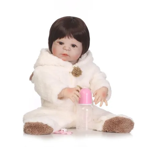 Muñeca Reborn de Silicona de Cuerpo Completo Niña Juguete Realista para Recién Nacidos Con Pelele de Oso Con Capucha y Biberón Chupete