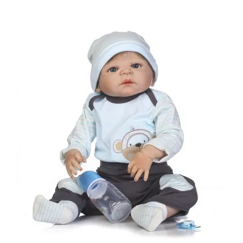 Realistic Reborn Baby Boy Doll Full Silicone Body Waterproof Simulation Infant Doll With Striped Monkey Outfit Bottle Set