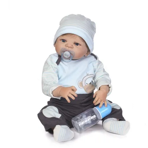 Realistic Reborn Baby Boy Doll Full Silicone Body Waterproof Simulation Infant Doll With Striped Monkey Outfit Bottle Set