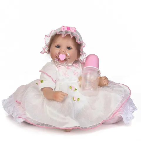 Realistic Reborn Baby Doll Soft Silicone Vinyl Cloth Body Lifelike Princess Toy With Pink Lace Dress Bottle Pacifier Gift