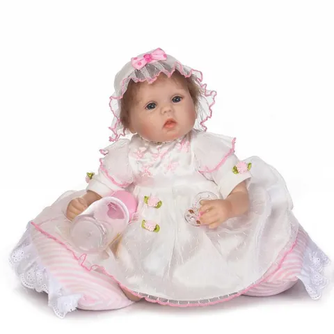 Realistic Reborn Baby Doll Soft Silicone Vinyl Cloth Body Lifelike Princess Toy With Pink Lace Dress Bottle Pacifier Gift