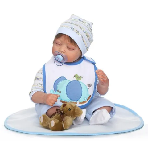 Lifelike Reborn Baby Doll Sleeping Newborn Soft Silicone Cloth Body With Teddy Bear Pacifier Blue Outfit For Kids Collection