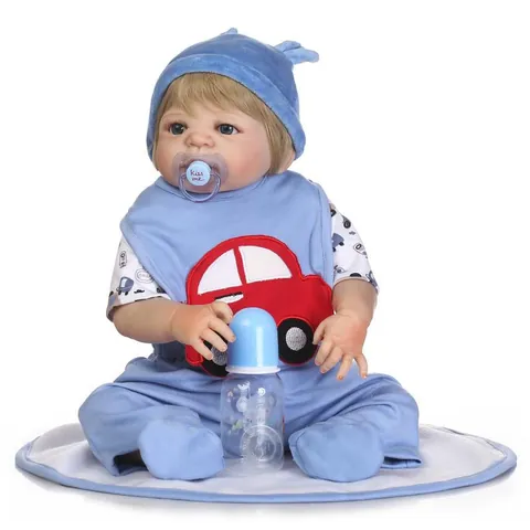 Realistic Full Silicone Reborn Baby Doll Boy Blue Car Outfit With Pacifier And Feeding Bottle Newborn Simulation Toy