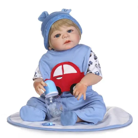 Realistic Full Silicone Reborn Baby Doll Boy Blue Car Outfit With Pacifier And Feeding Bottle Newborn Simulation Toy