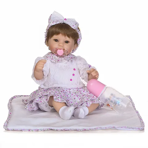 Realistische Reborn Baby Puppe Weiches Silikon Neugeborenes Mädchen Spielzeug Mit Lila Blumen Spitze Outfit Schnuller Flasche