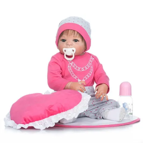 57cm Realistic Silicone Reborn Baby Doll Newborn Girl Doll Pink Clothes Pacifier Milk Bottle Heart Pillow Education Toy