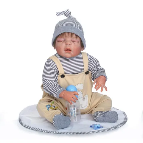 Realistic Full Silicone Reborn Baby Doll Sleeping Boy With Striped Outfit Pacifier And Milk Bottle Newborn Toy Gift