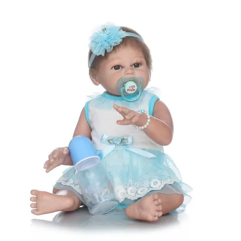 Realistic Full Silicone Reborn Baby Doll Girl In Light Blue Lace Dress Washable Newborn Simulation Doll Toy Gift