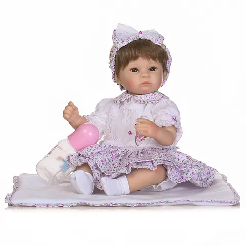 Realistische Reborn Baby Puppe Weiches Silikon Neugeborenes Mädchen Spielzeug Mit Lila Blumen Spitze Outfit Schnuller Flasche