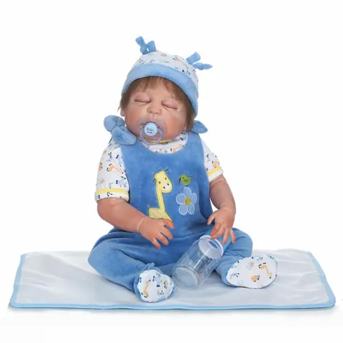 Realistic Full Silicone Body Reborn Baby Boy Doll Blue Giraffe Outfit With Magnetic Pacifier Milk Bottle Mini Bear