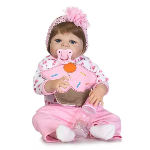 Realistic Full Silicone Reborn Baby Doll With Cupcake Embroidered Dress Headband Magnetic Pacifier And Milk Bottle Washable Girl Play Toy