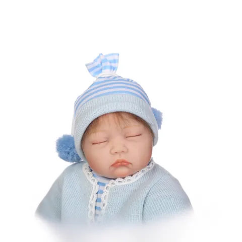 Lebensechte Reborn Baby Puppe Weiches Silikon Gliedmaßen Baumwollkörper Mohair Haar Blau Gestreiftes Strickoutfit Spielzeug Für Kinder