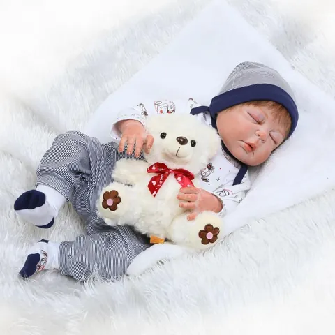 Realistic Reborn Baby Doll Full Silicone Body Sleeping Boy Lifelike Washable Toy With Striped Clothing Bear And Pacifier Gift