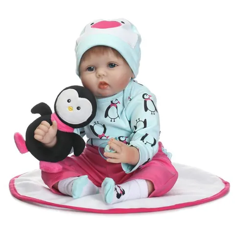 Poupée Bébé Reborn Réaliste Corps en Tissu de Silicone Souple Jouet Nouveau-né Avec Vêtements de Pingouin Et Accessoires Détails Artisanaux Exquis