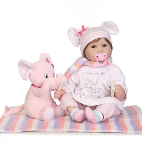 Muñeca Reborn Realista De 22 Pulgadas Conjunto Niña Recién Nacida Silicona Con Ropa Elefante De Peluche Regalo Para Niños