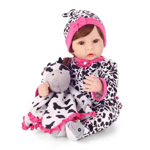 Realistic Reborn Baby Doll Soft Silicone Limbs Cloth Body Cow Pattern Outfit With Plush Toy Magnetic Pacifier Gift For Kids