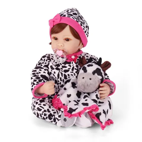Realistic Reborn Baby Doll Soft Silicone Limbs Cloth Body Cow Pattern Outfit With Plush Toy Magnetic Pacifier Gift For Kids