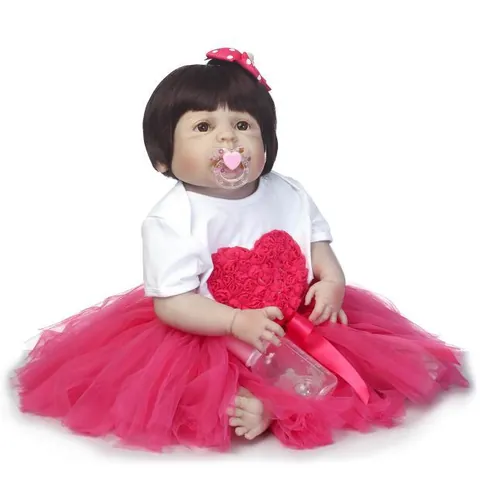 Realistic Full Body Silicone Reborn Baby Girl Doll With Magenta Tutu Skirt Magnetic Pacifier Feeding Bottle Washable Toy