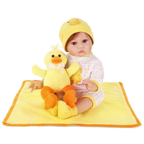 Poupée Reborn Réaliste Membres en Silicone Corps en Coton Poupée Nouveau-Né Réaliste avec Tenue de Caneton et Accessoires pour Éducation Précoce Cadeau Enfants