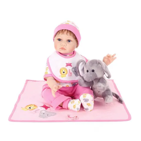 Poupée Reborn Réaliste Silicone Souple Corps en Coton Mohair Enraciné à la Main Avec Tenue Rose Animal Peluche Éléphant Sucette