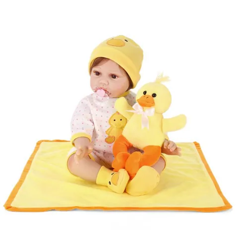 Poupée Reborn Réaliste Membres en Silicone Corps en Coton Poupée Nouveau-Né Réaliste avec Tenue de Caneton et Accessoires pour Éducation Précoce Cadeau Enfants