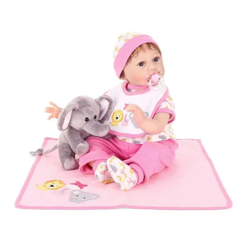Poupée Reborn Réaliste Silicone Souple Corps en Coton Mohair Enraciné à la Main Avec Tenue Rose Animal Peluche Éléphant Sucette
