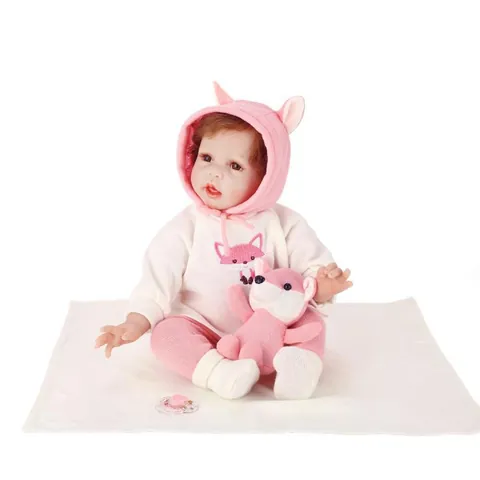 55cm Realistic Reborn Baby Doll Soft Silicone Vinyl Cloth Body Girl Doll With Pink Fox Clothing Set Plush Toy Pacifier Gift