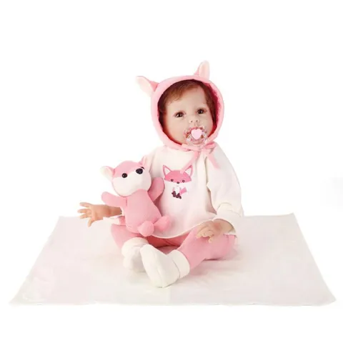 55cm Realistic Reborn Baby Doll Soft Silicone Vinyl Cloth Body Girl Doll With Pink Fox Clothing Set Plush Toy Pacifier Gift