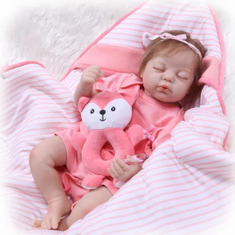 Realistic Reborn Baby Doll Soft Silicone Head Limbs Cotton Body Pink Fox Pattern Clothes With Plush Toy Pacifier For Kids