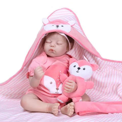 Realistic Reborn Baby Doll Soft Silicone Head Limbs Cotton Body Pink Fox Pattern Clothes With Plush Toy Pacifier For Kids