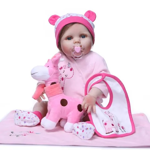 56cm Realistic Full Body Silicone Reborn Baby Doll Girl Toy With Giraffe Outfit Hat Blanket Pacifier Kids Toy Gift