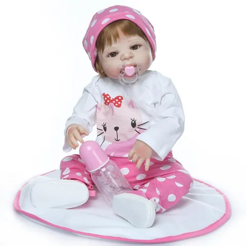 Realistic Full Body Mixed Silicone Reborn Baby Doll Life Size Simulation Newborn Girl With Pink Polka Dot Outfit Magnetic Pacifier Nursing Bottle Mat Kids Gift