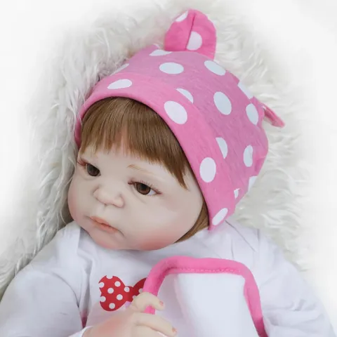 Realistic Full Body Mixed Silicone Reborn Baby Doll Life Size Simulation Newborn Girl With Pink Polka Dot Outfit Magnetic Pacifier Nursing Bottle Mat Kids Gift