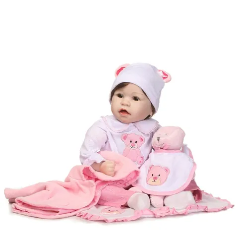 Realistic Reborn Baby Doll Silicone Limbs Cotton Body Simulation Toy Pink Bear Outfit Hat Blanket For Girls Birthday Gift