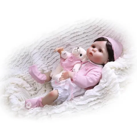 Realistic Reborn Baby Doll Full Silicone Vinyl Lifelike Newborn Toy With Pink Knitted Outfit Plush Bear Accessory For Kids