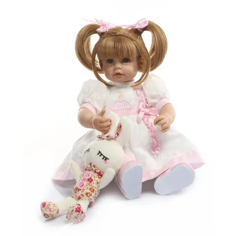 Lifelike Reborn Baby Doll Silicone Limbs Cotton Body Handmade Realistic Toddler Pink Princess Dress Rabbit Plush Toy Gift