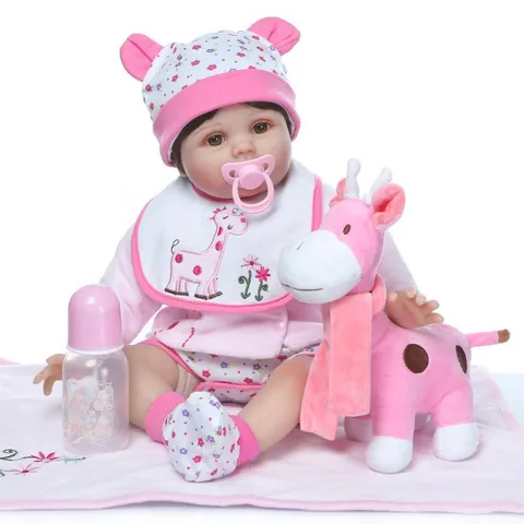 Bambola Reborn Realistica Arti in Silicone Vinile Corpo in Morbido Tessuto Tema Giraffa Rosa Con Accessori Per Abbigliamento Giocattolo Regalo