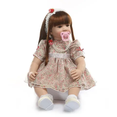 Realistische Reborn Kleinkind Mädchen Puppe Mit Langem Braunem Haar Blumen Prinzessin Kleid Silikon Vinyl Stoff Körper Handgemacht