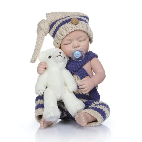Realistische Siliconen Full Body Reborn Baby Pop Slapende Pasgeboren Jongen Levensechte Wasbare Speelgoed Met Blauwe Gebreide Kledingset
