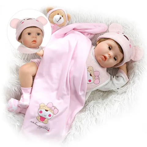 Muñeca Reborn Realista de Simulación Extremidades de Silicona Cuerpo de Algodón Suave Ojos Móviles Traje de Oso Rosa Regalo Infantil