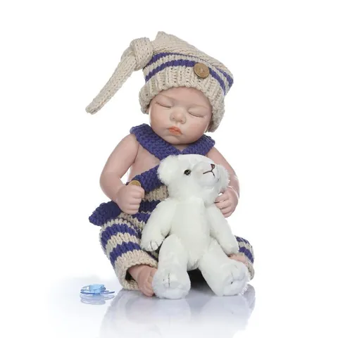 Realistische Siliconen Full Body Reborn Baby Pop Slapende Pasgeboren Jongen Levensechte Wasbare Speelgoed Met Blauwe Gebreide Kledingset