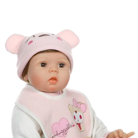 Muñeca Reborn Realista de Simulación Extremidades de Silicona Cuerpo de Algodón Suave Ojos Móviles Traje de Oso Rosa Regalo Infantil
