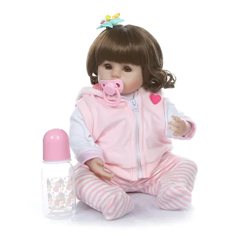 Realistic Reborn Girl Baby Doll With Pink Striped Outfit Soft Silicone Limbs Cloth Body Toy Accessories For Kids Gift