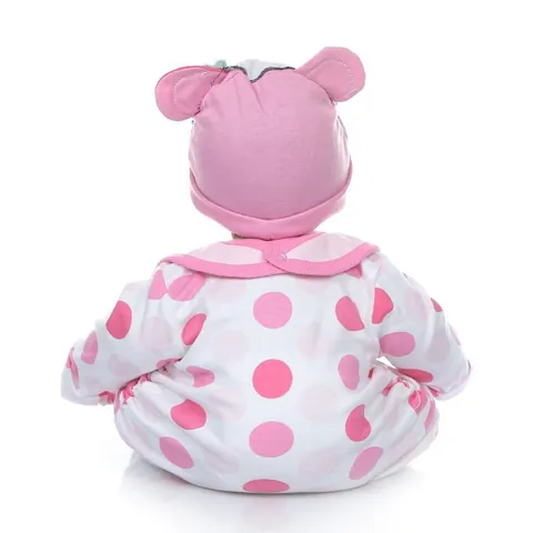 Realistische Reborn Baby Puppe Silikon Weicher Stoffkörper Lebensechtes Mädchen Mit Panda Outfit Punktmuster Overall Plüschtier
