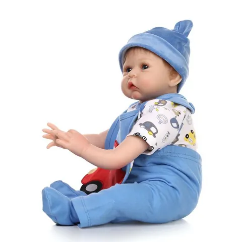 Lifelike Realistic Reborn Baby Doll Silicone Soft Body Newborn Boy In Blue Car Pattern Outfit Hand-Rooted Mohair Toy