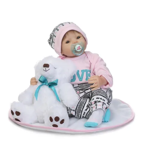 Realistic Reborn Baby Doll Soft Silicone Vinyl Cotton Body Newborn Doll With Pink Love Clothes Teddy Bear Pacifier Kids Gift