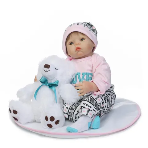 Realistic Reborn Baby Doll Soft Silicone Vinyl Cotton Body Newborn Doll With Pink Love Clothes Teddy Bear Pacifier Kids Gift