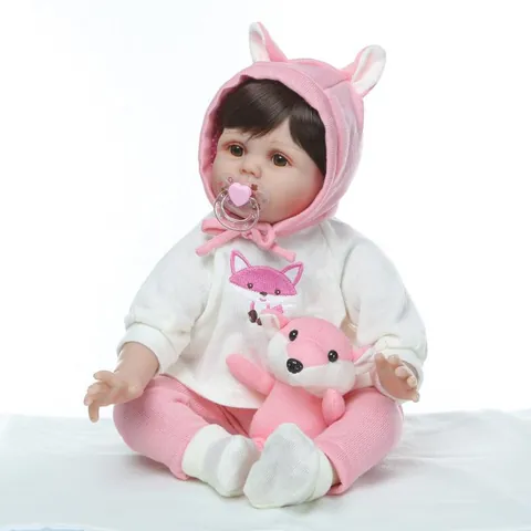 Bambola Reborn Realistica Membra in Vinile di Silicone Morbido Corpo in Cotone Neonato Giocattolo con Vestito Rosa Volpe
