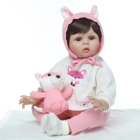 Bambola Reborn Realistica Membra in Vinile di Silicone Morbido Corpo in Cotone Neonato Giocattolo con Vestito Rosa Volpe